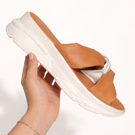 Brown block heel slippers from Finsha Shoes, featuring a chunky design for comfort and style.