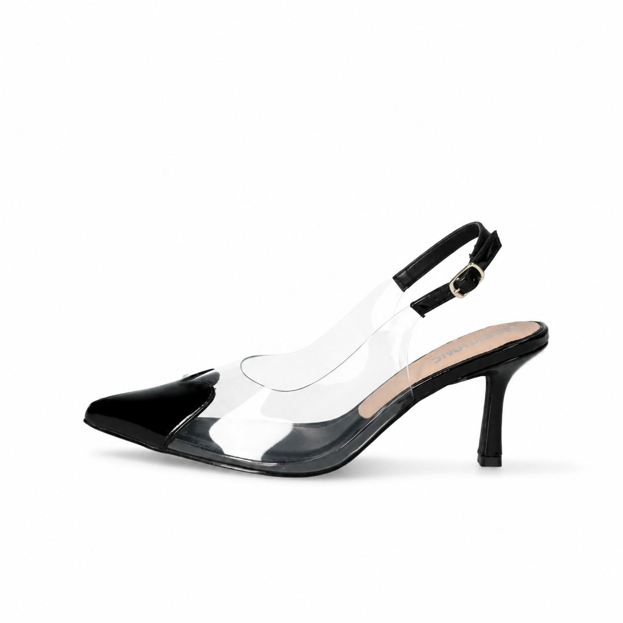 Black Alara Heart Heels by Finsha Shoes featuring leaf-shaped sandal design with elegant straps and heart accents.