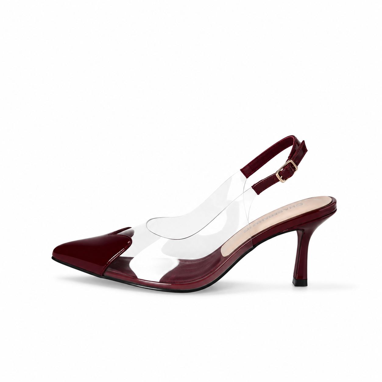 Maroon Alara Heart Heels leaf sandals by Finsha Shoes, featuring elegant leaf design and open toe style.