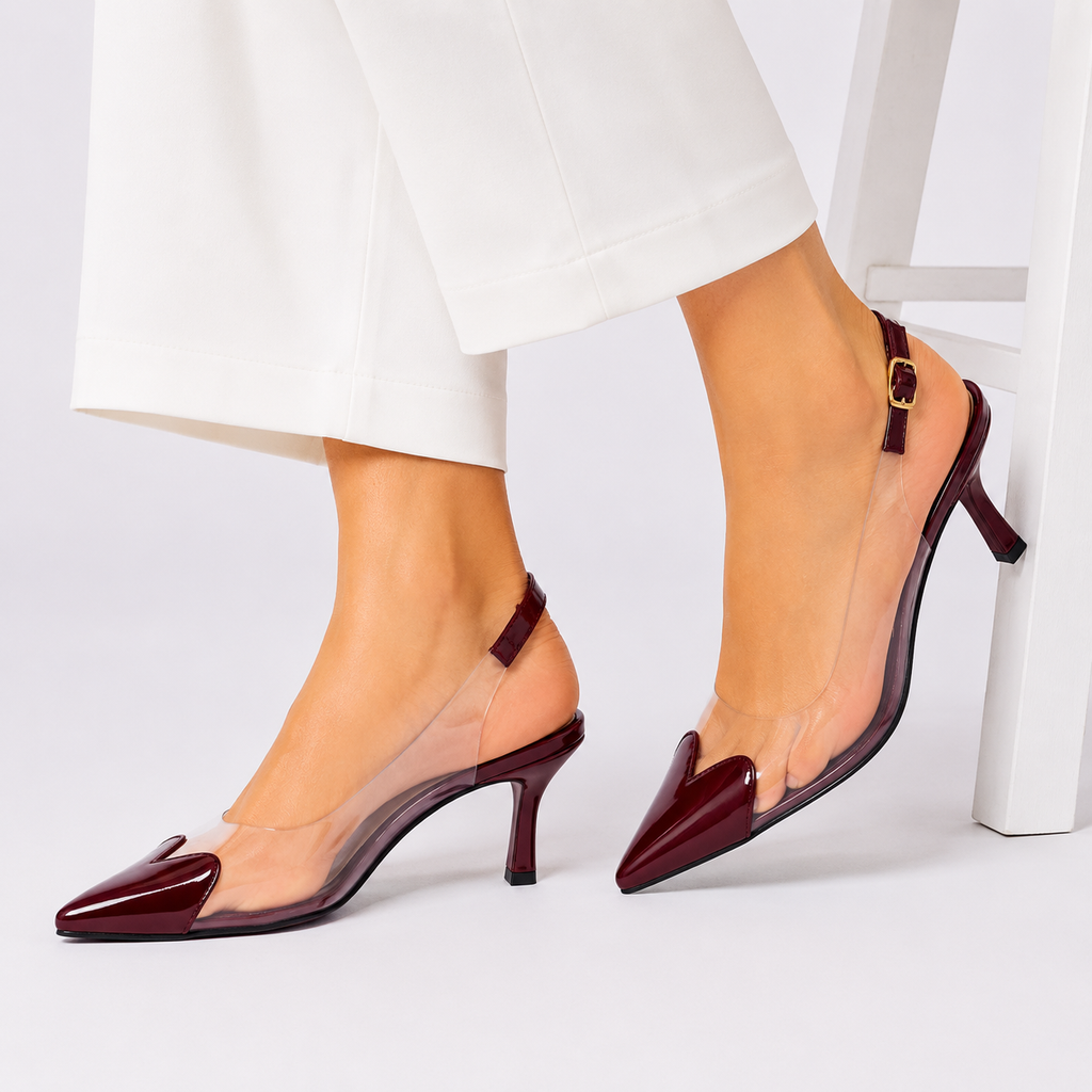 Maroon Alara Heart Heels leaf sandals by Finsha Shoes featuring elegant leaf design and open toe style.