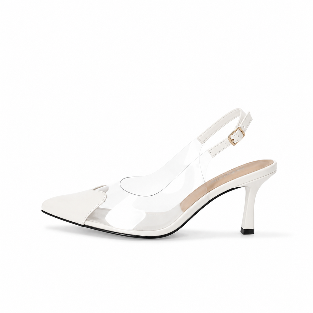 White Alara Heart Heels leaf sandals by Finsha Shoes, featuring elegant heart-shaped design and stylish leaf straps.