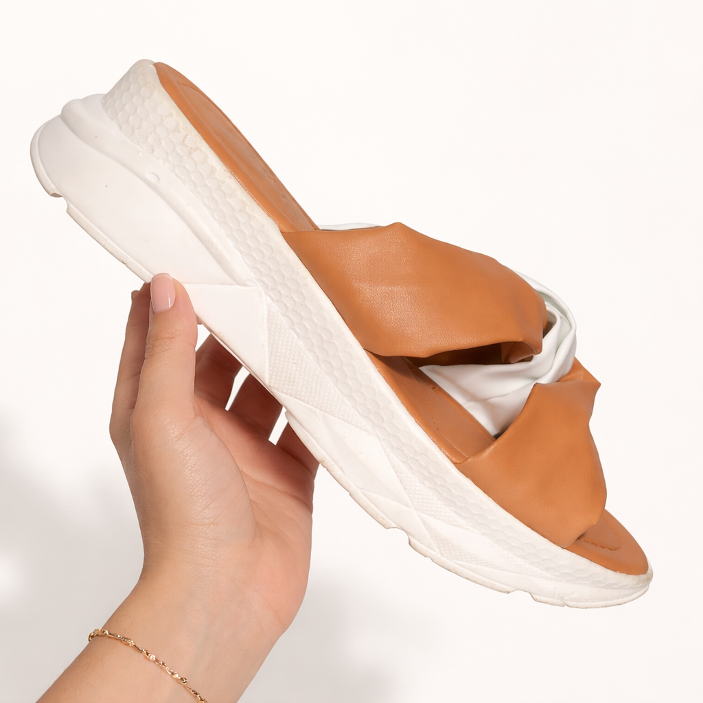 Brown block heel slippers from Finsha Shoes, featuring a chunky design for comfort and style.