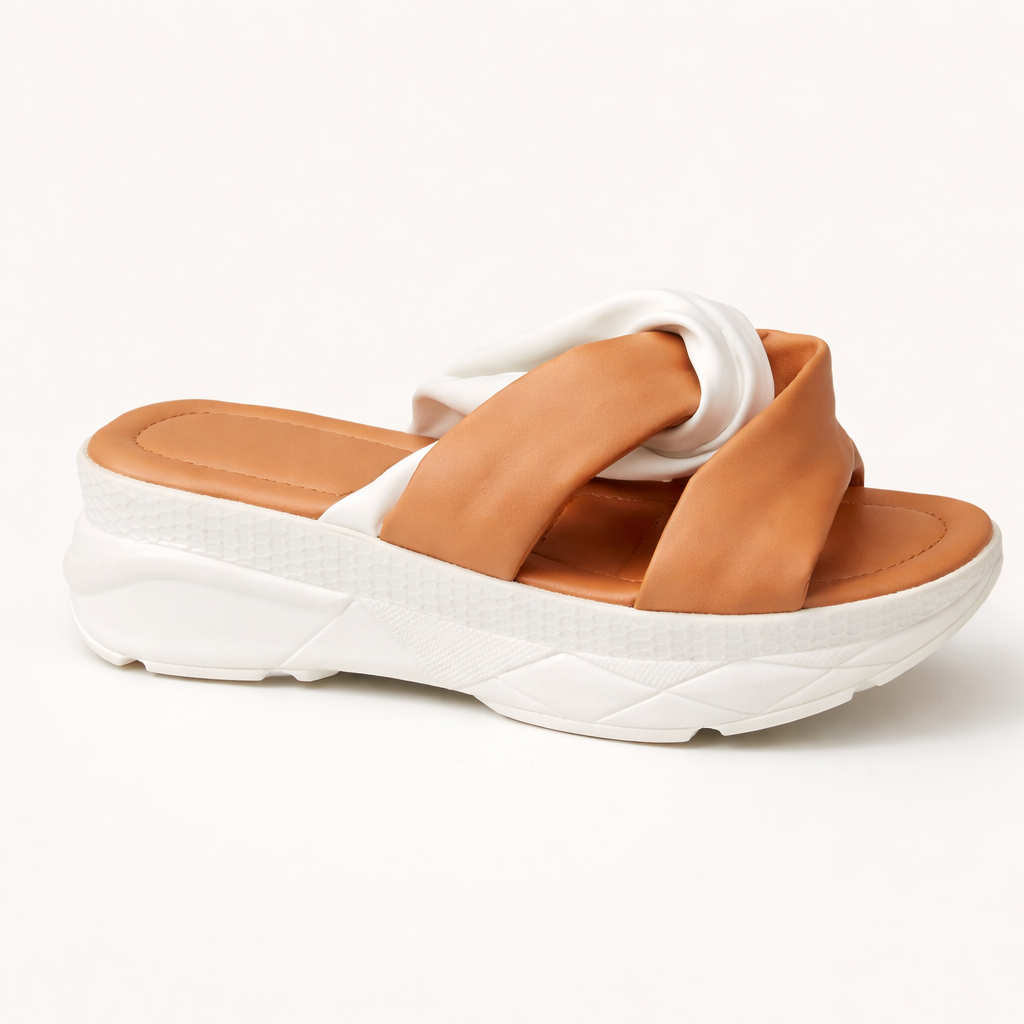 Brown block heel slipper from Finsha Shoes with a chunky design, perfect for comfortable everyday wear.