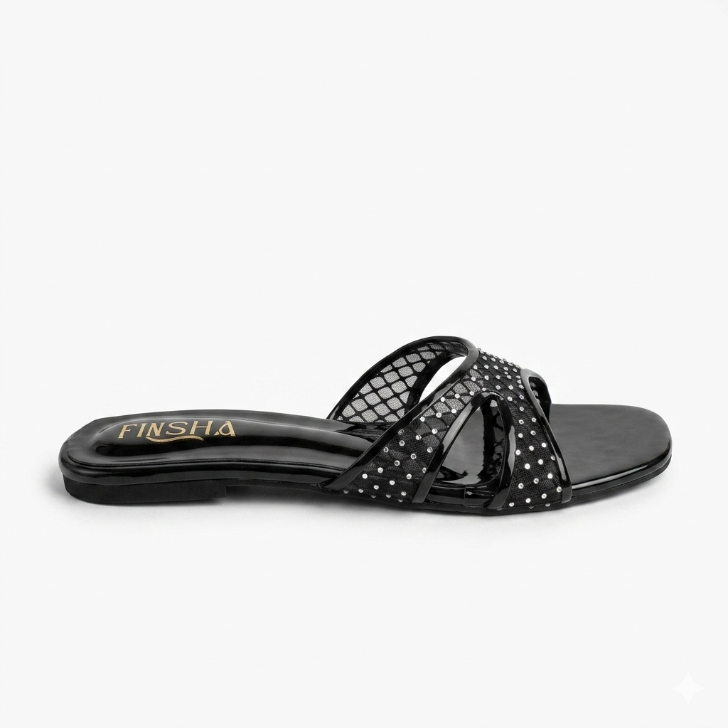 Black cozy flat slipper by Finsha Shoes with soft fabric and comfortable slip-on design displayed on a plain background.