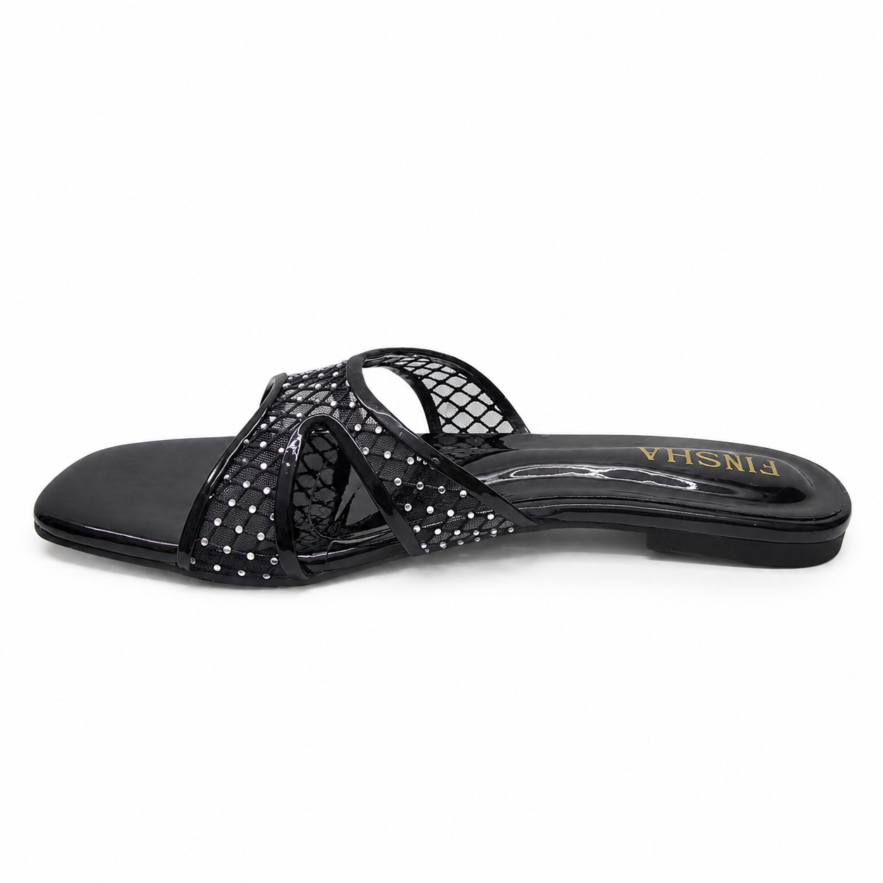 Black Cozy Flat Slipper by Finsha Shoes featuring soft fabric and comfortable slip-on design for indoor wear.