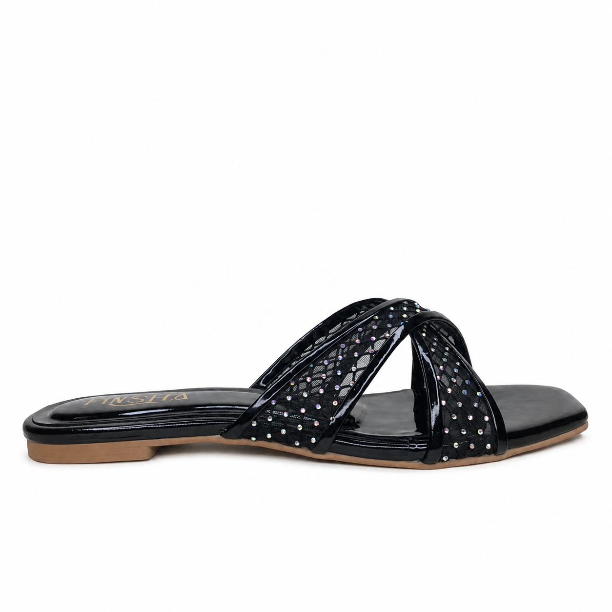 Black ROZY flat slipper by Finsha Shoes, featuring a cozy and comfortable slip-on design perfect for casual wear.