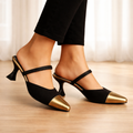 EVELINE PREMIUM MULE - BLACK AND GOLDEN - Finsha Shoes