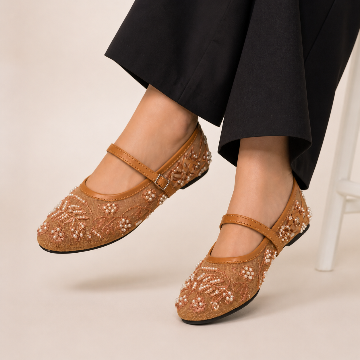 Beige embroidered Finsha Shoes black mule pumps with intricate embroidery, stylish and comfortable women's footwear.
