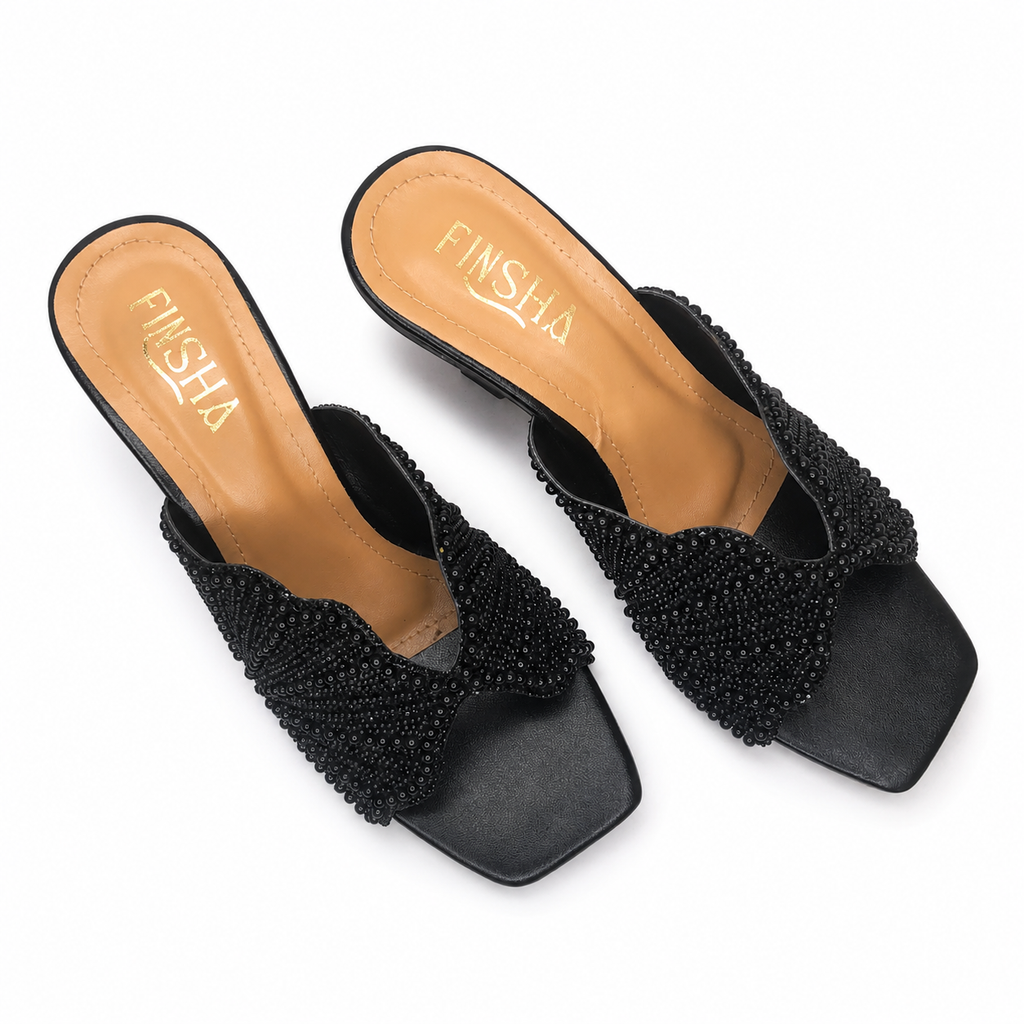 Embroidery Pearl Heel Sandal