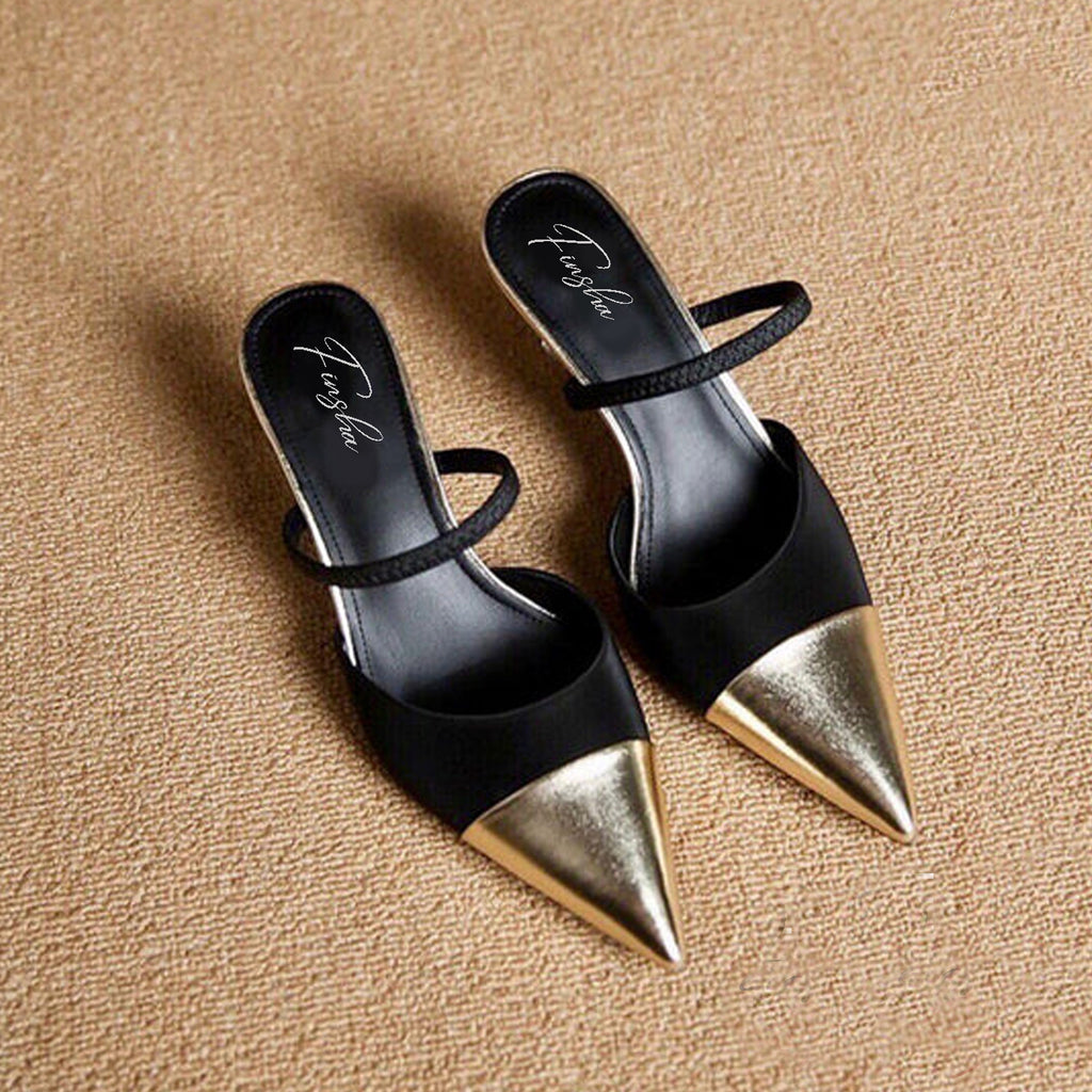 EVELINE PREMIUM MULE - BLACK AND GOLDEN - Finsha Shoes
