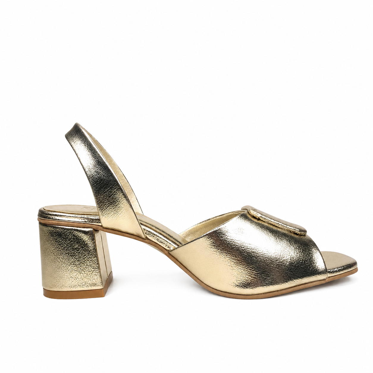 Gold Finsha Shoes Mariegold block heel with a 2.5-inch height, stylish gold-colored block heel footwear.