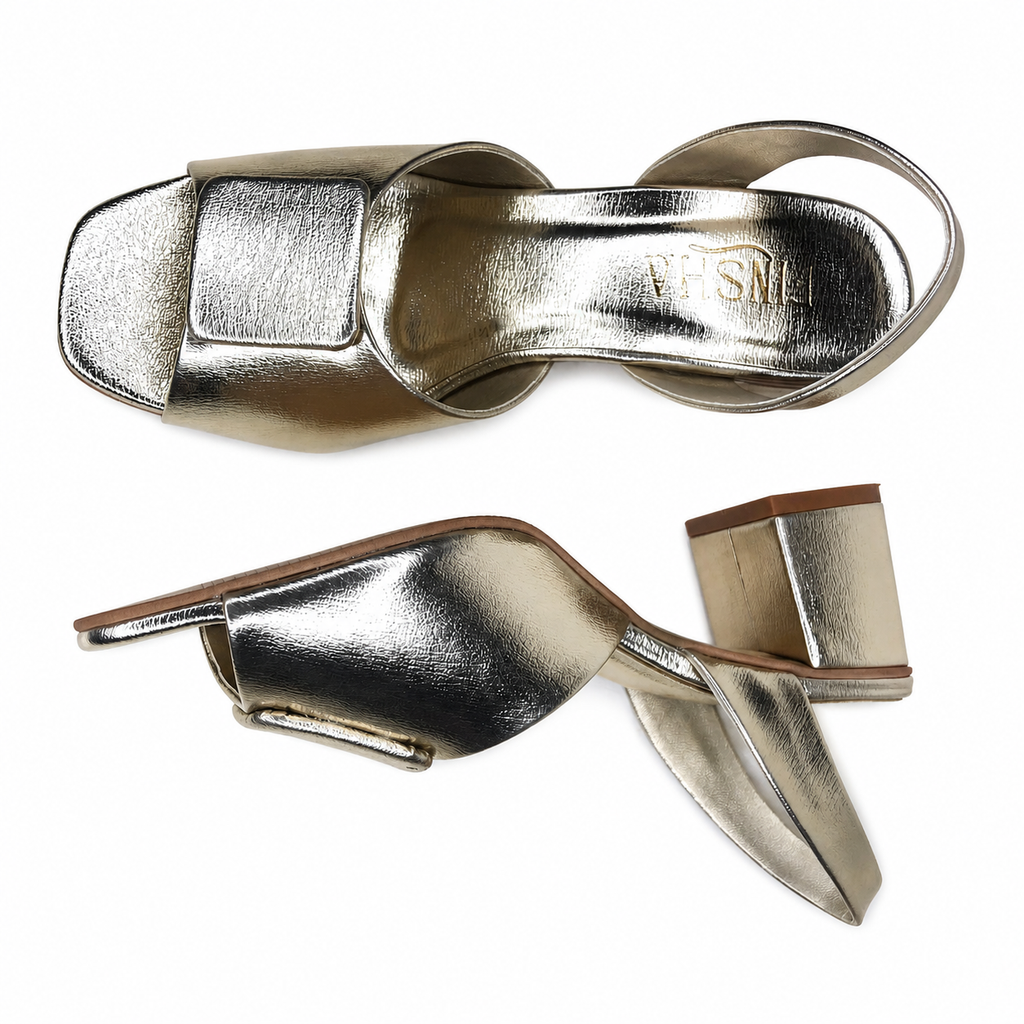 Gold Finsha Shoes Mariegold block heel in 2.5-inch height, showcasing stylish gold block heel design.