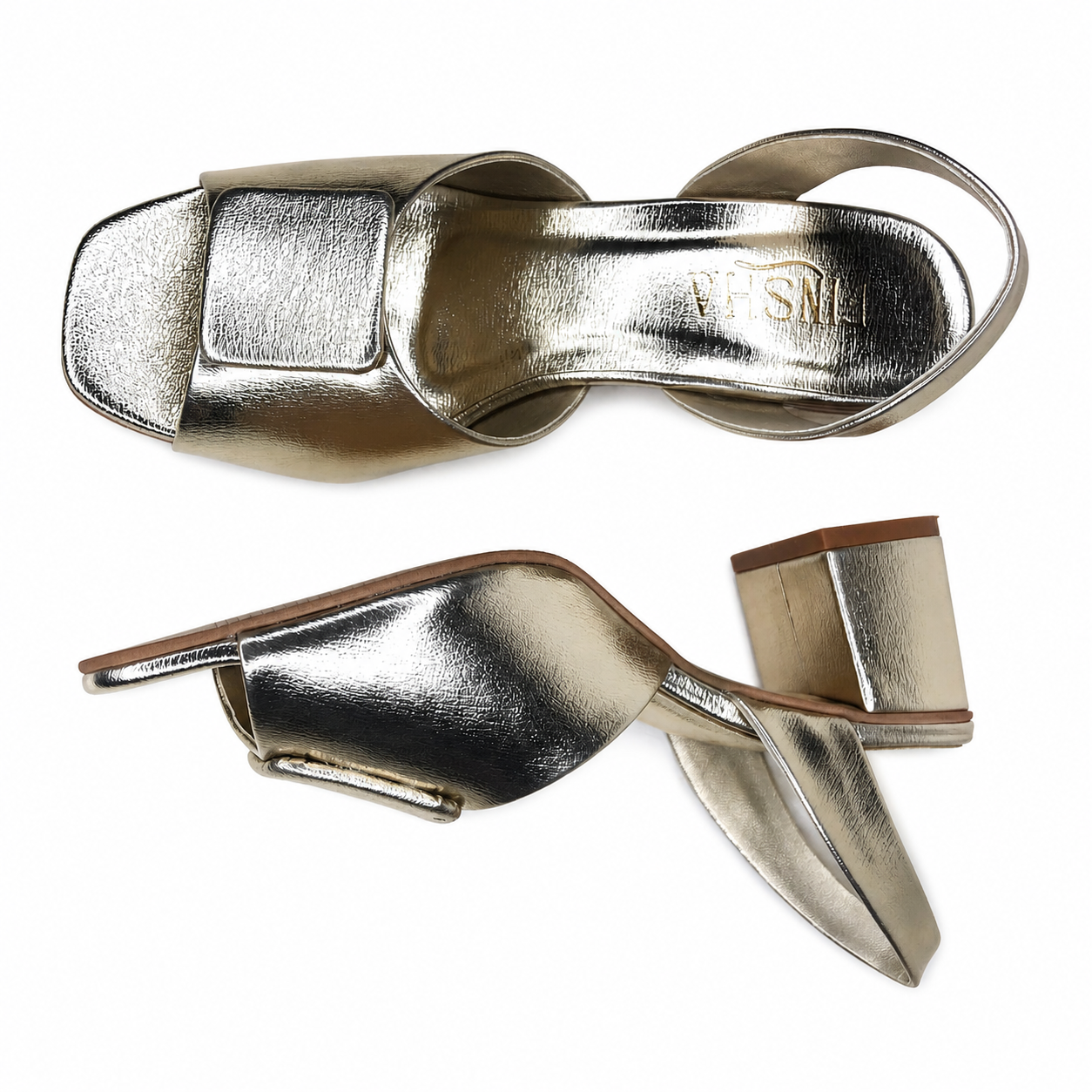 Gold Finsha Shoes Mariegold block heel in 2.5-inch height, showcasing stylish gold block heel design.