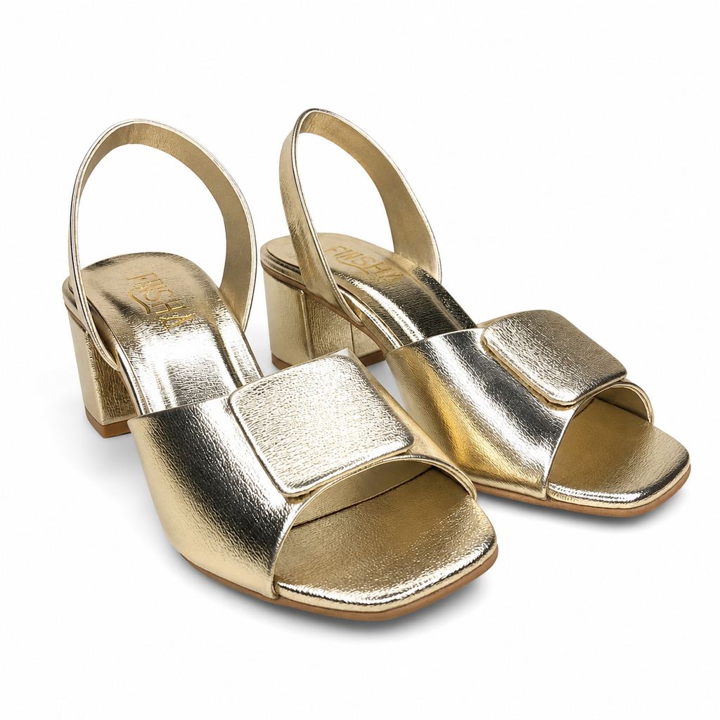 Gold Finsha Shoes Mariegold block heel featuring a 2.5-inch height and stylish gold finish, ideal for elegant footwear.