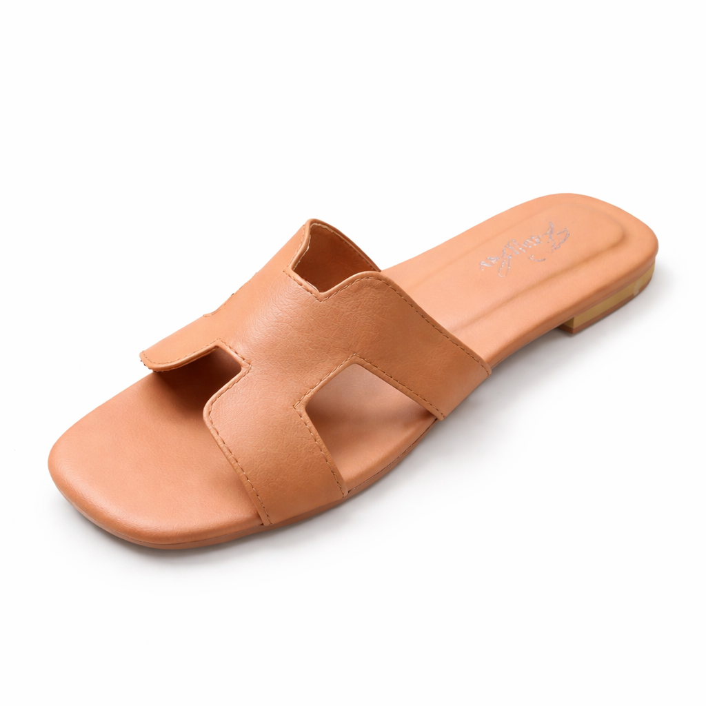 Finsha Shoes H flat slipper in brown with a simple, comfortable design and slip-on style for casual wear.