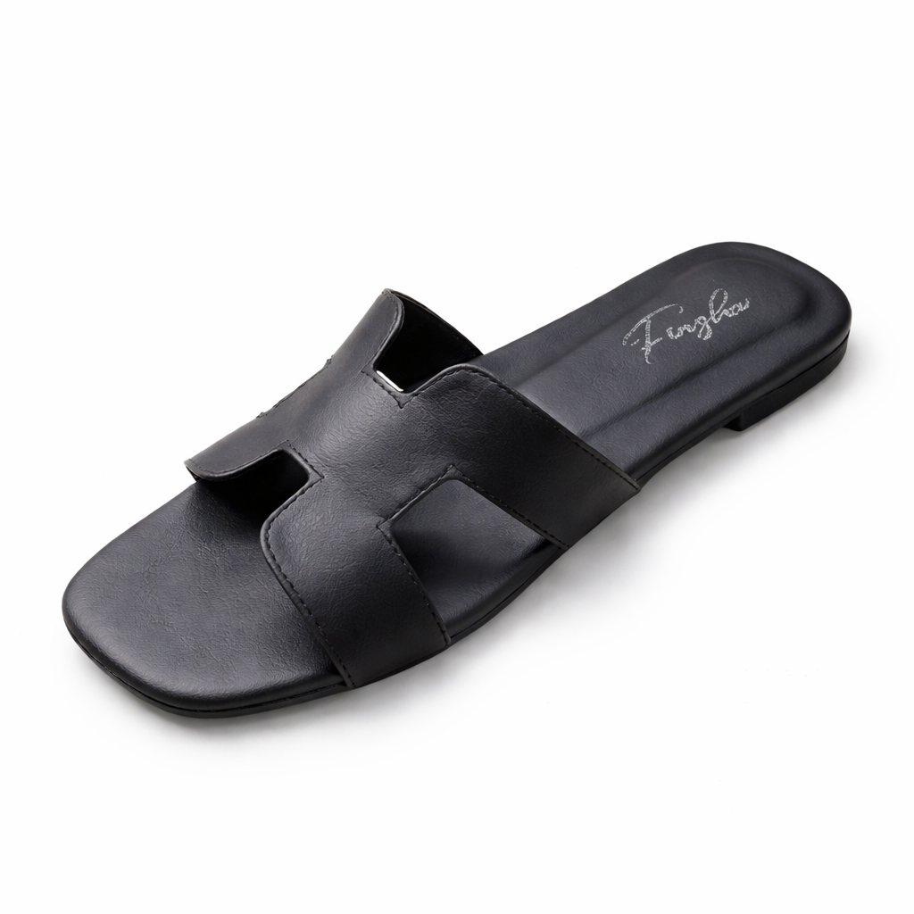 Black Finsha Shoes H Flat Slipper with cushioned sole and open-toe design, perfect for casual wear.