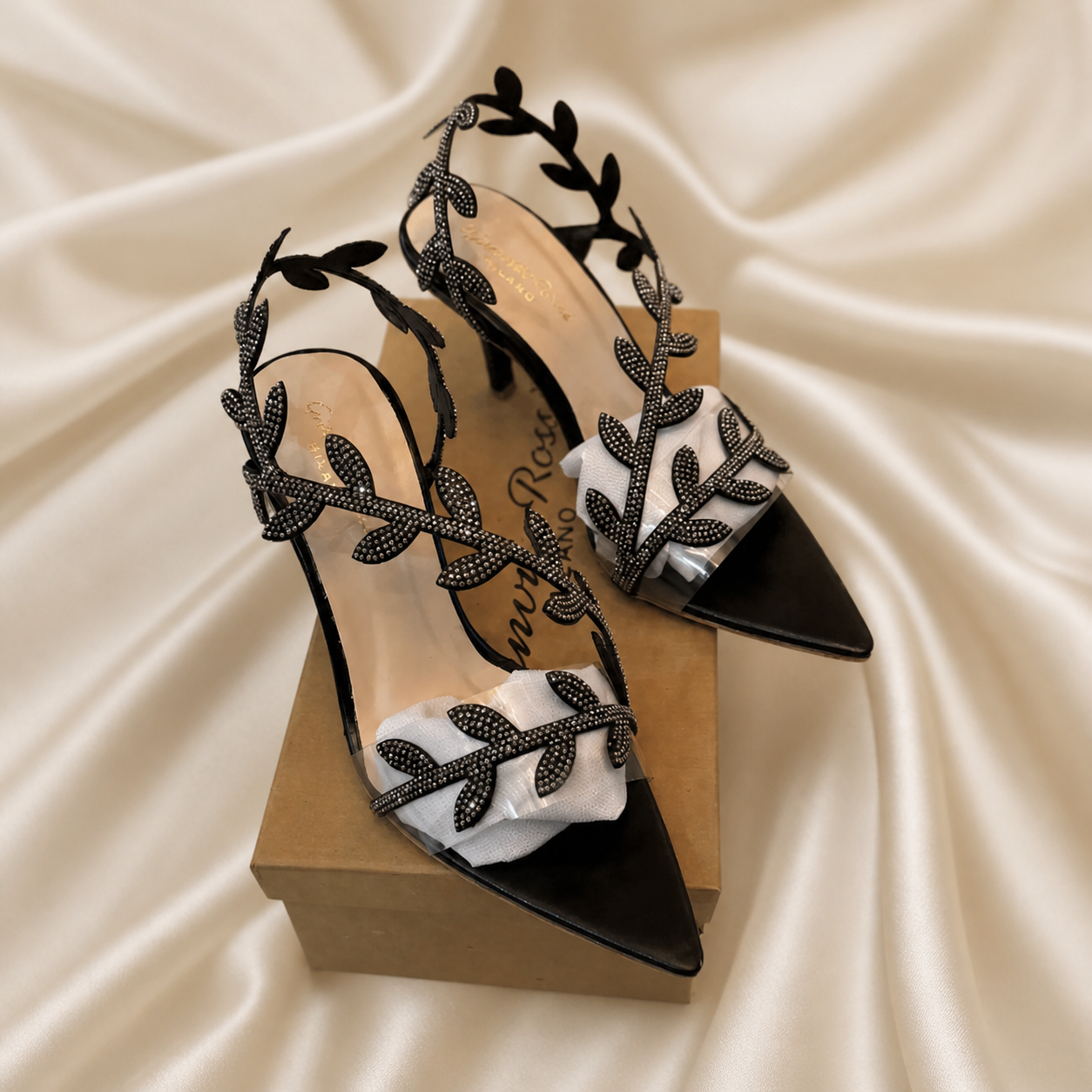Leaf Embellished Open Toe Heel