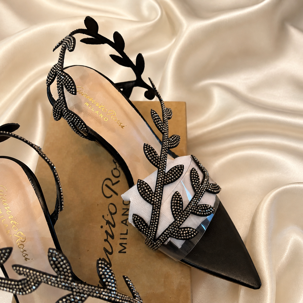 Leaf Embellished Open Toe Heel