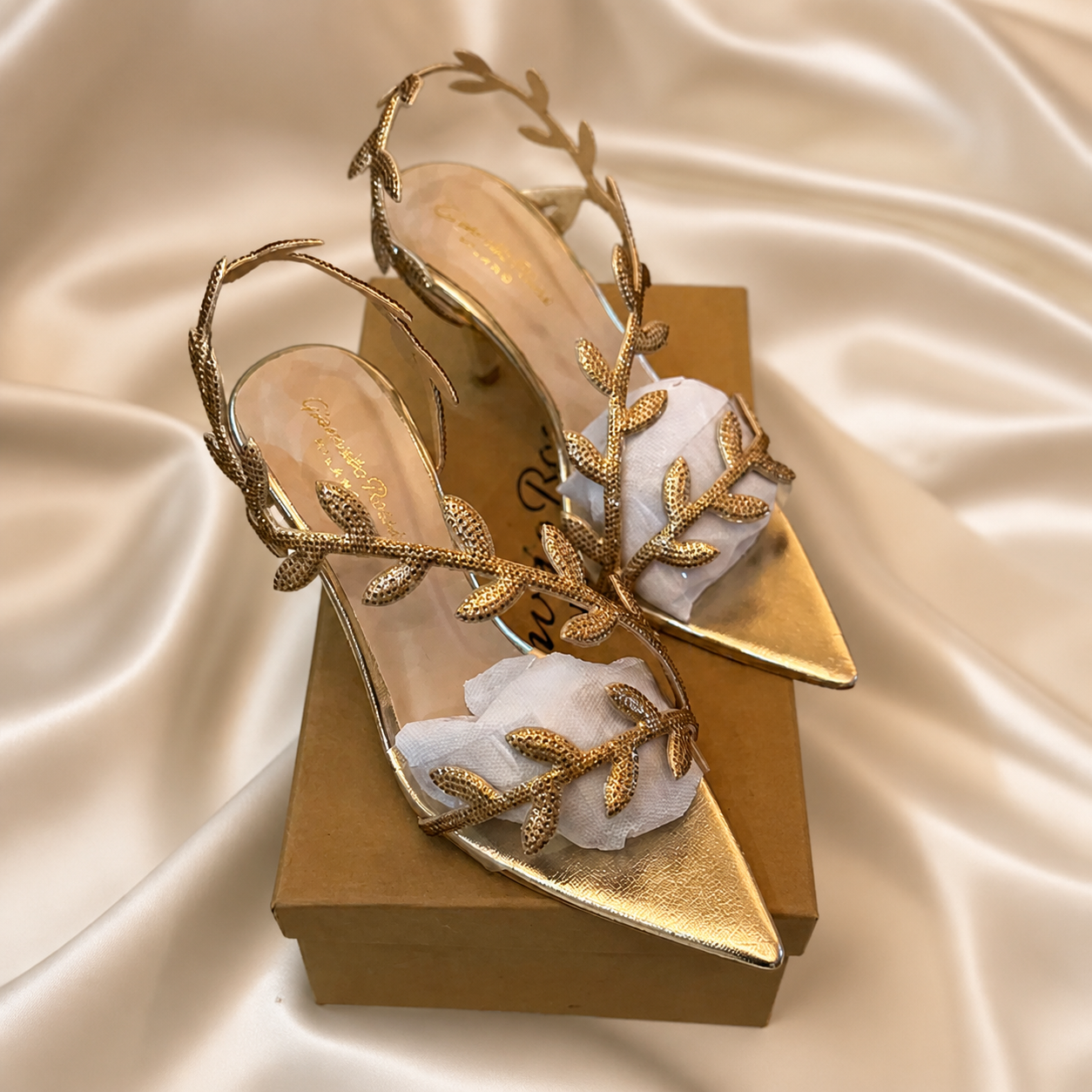 Leaf Embellished Open Toe Heel