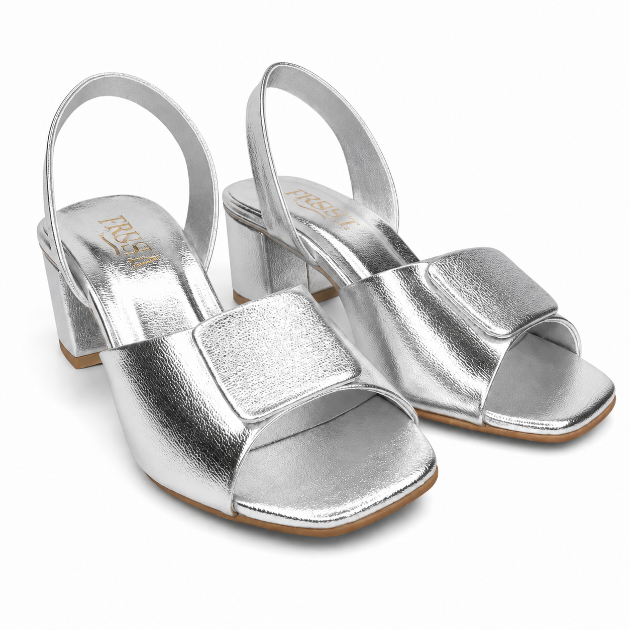 Silver Mariegold block heel by Finsha Shoes, 2.5-inch height, showcasing stylish design and comfortable footwear.