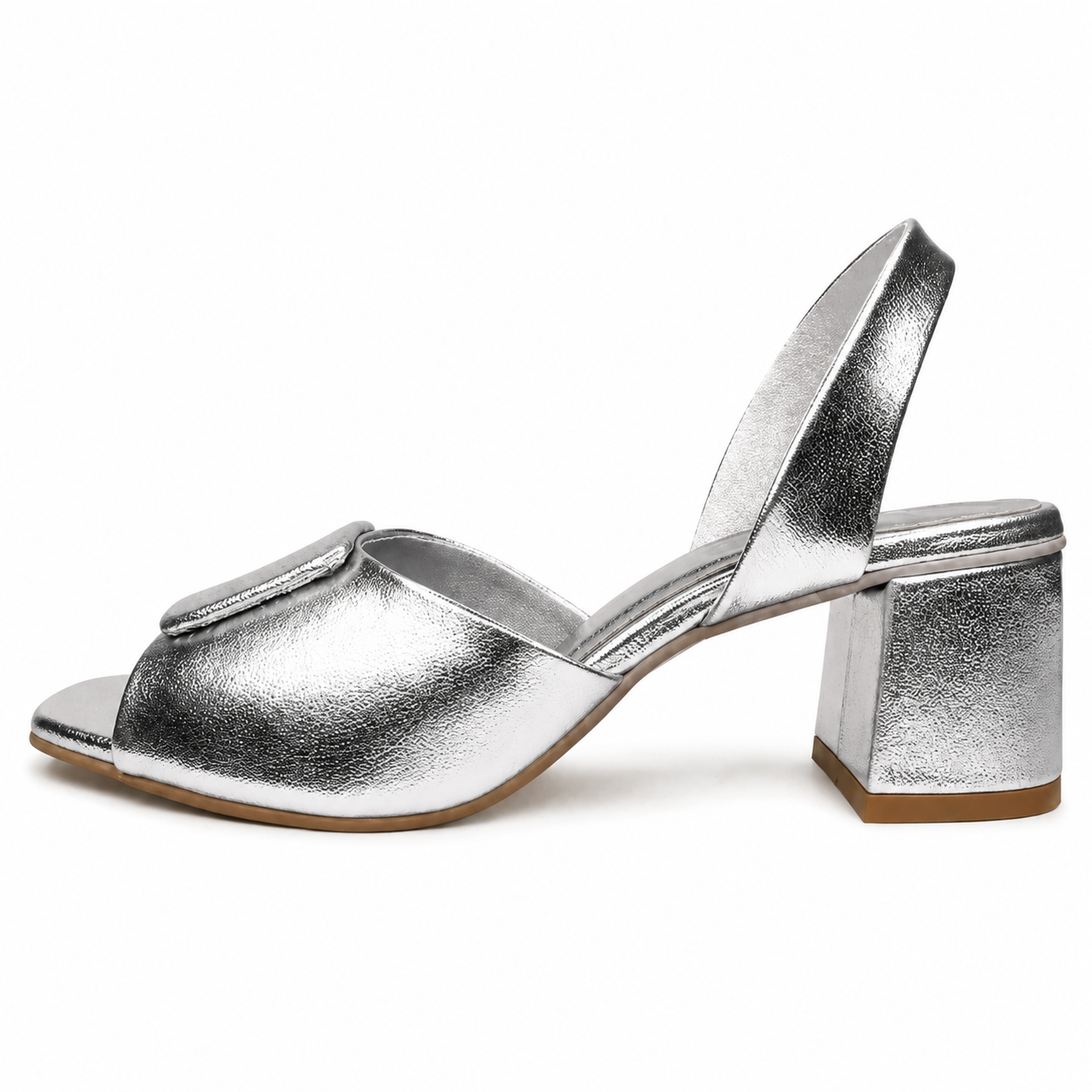 Finsha Shoes Mariegold silver block heel sandal with a 2.5-inch sturdy block heel, stylish and comfortable for everyday wear.