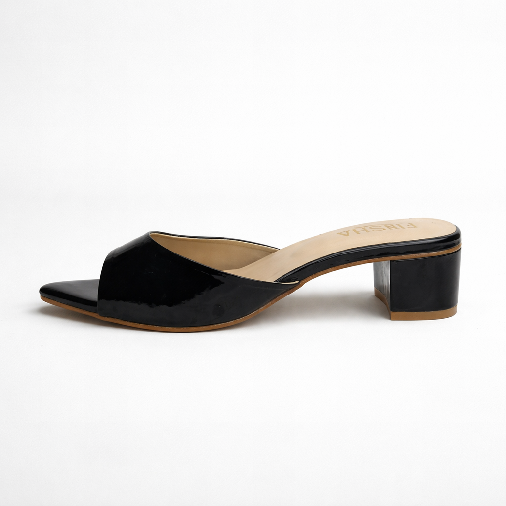 Black Mila block heel sandal by Finsha Shoes featuring a sleek design and comfortable heeled construction.