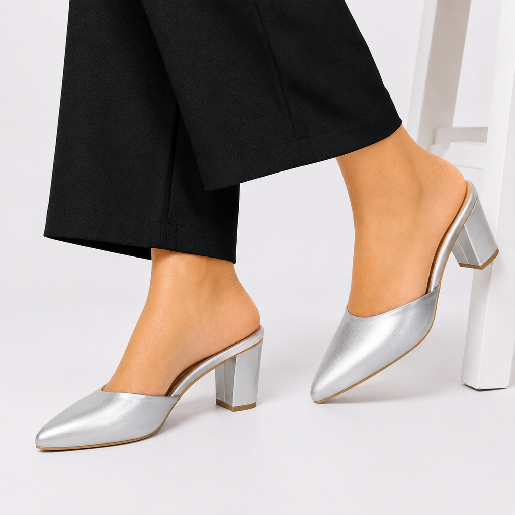 Pointed Block Heel - Silver