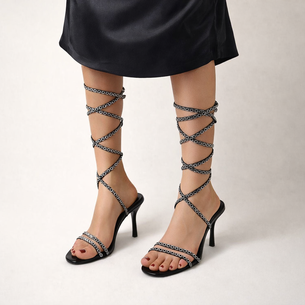 Black Spiral Girl sandal by Finsha Shoes, elegant women's wedding shoe with a spiral strap design and open toe.