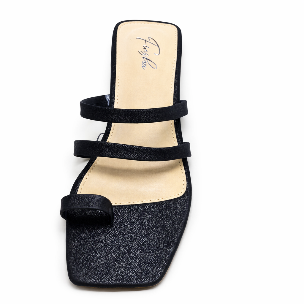 Black Finsha Shoes strappy flat slippers featuring multiple thin straps and a comfortable flat sole.