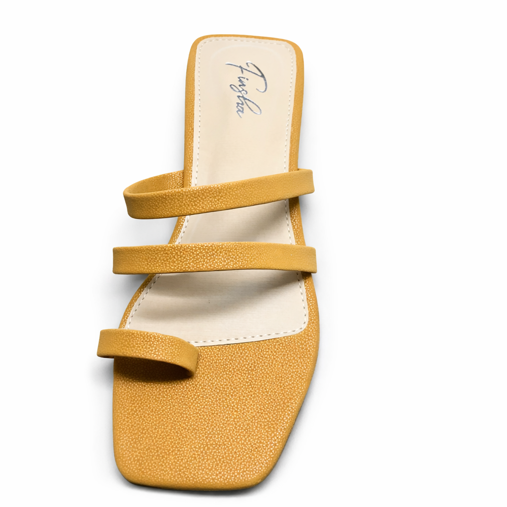 Mustard-colored strappy flat slipper from Finsha Shoes with a simple, comfortable design for casual wear.