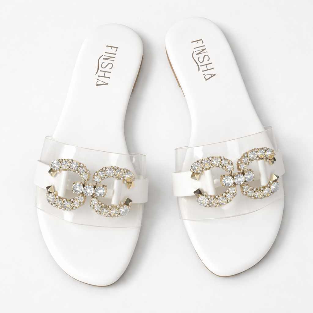 White WILY flat slipper by Finsha Shoes, featuring a sleek design and comfortable flat sole.