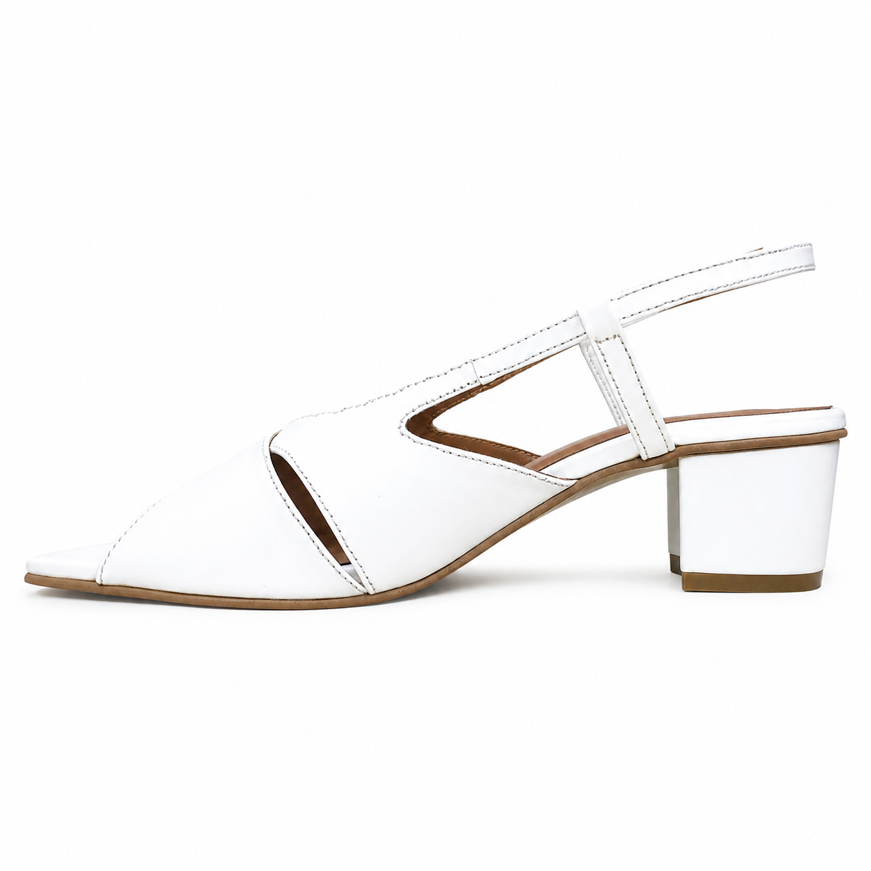 White Finsha Shoes 2.5-inch block heel sandal showing the side view with a smooth white finish and sturdy sole.